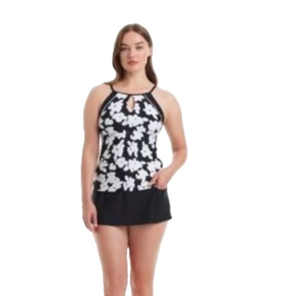 Women's Tankini Swimsuit XL Ellen Tracy Black Floral Swim Skirt Pocket - Picture 10 of 16